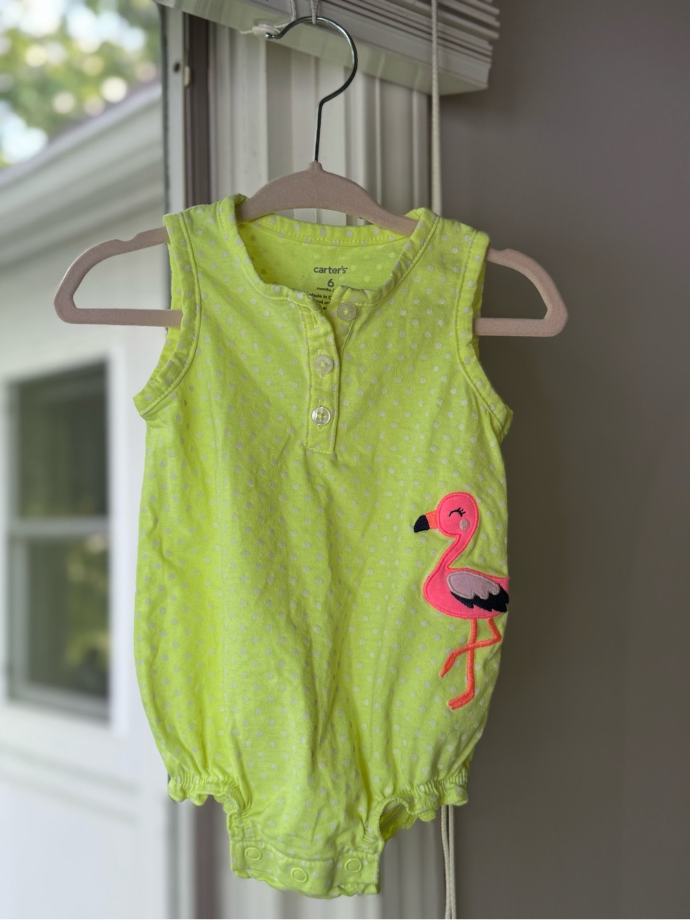 NWOT Carter's Neon Yellow Polka Dot Flamingo Infant Bubble Romper, 6M